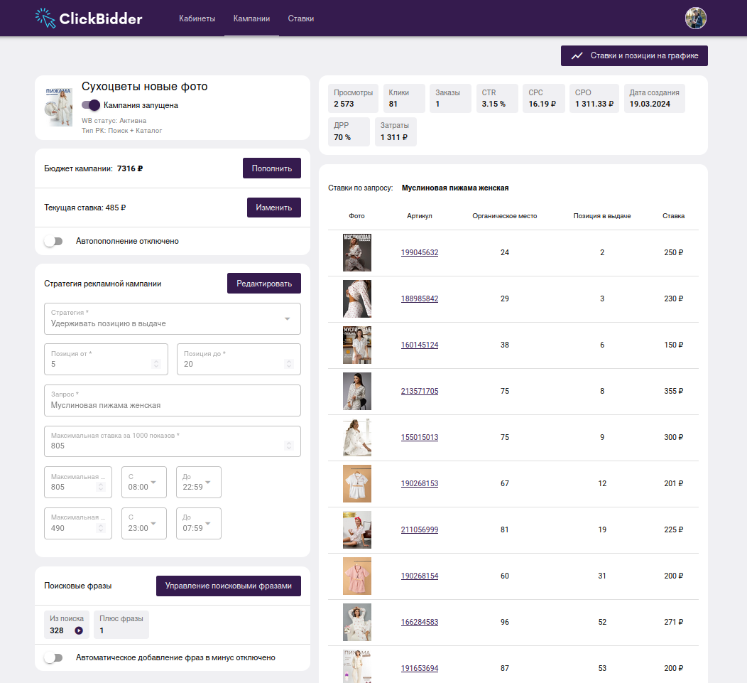 Настройка рекламных кампаний в ClickBidder — управление ставками и стратегиями для Wildberries